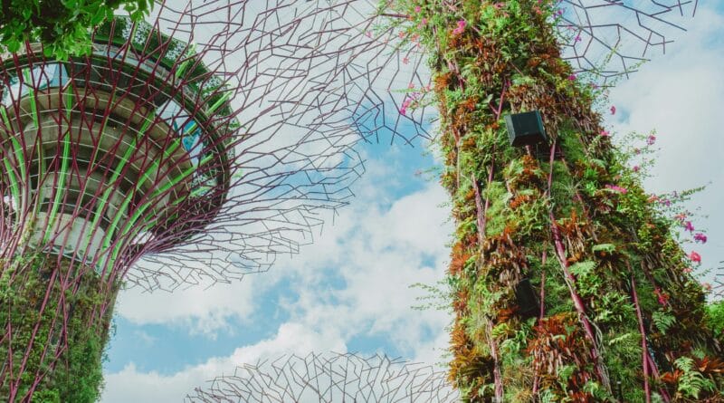 A futuristic concept of massive 'artificial tree' towers integrated into the London skyline, designed to capture carbon dioxide directly from the urban air.
