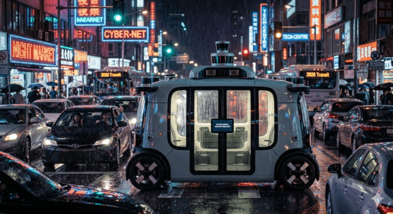 A visual representation of autonomous vehicles 2026 navigating a busy city street in the rain.