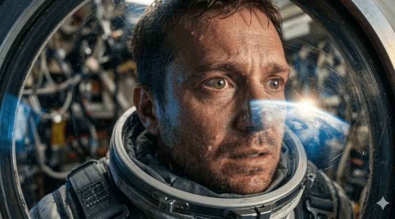 A hyperrealistic portrait of a commercial space passenger looking at Earth while experiencing space adaptation syndrome.