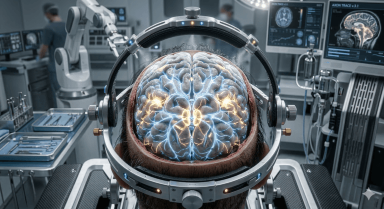 A visual representation of neural memory editing therapy showing a glowing brain scan and a medical device.