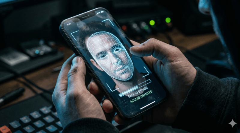 A smartphone screen displaying a 3D facial mesh used in synthetic biometric hacking to bypass security.